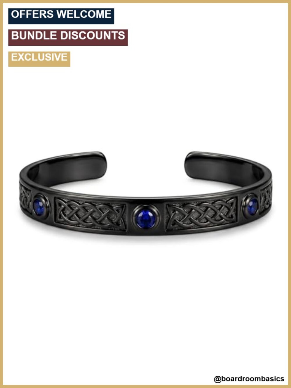 Celtic Knot Cuff Bracelet Black Plated Blue CZ Adjustable Open Bangle